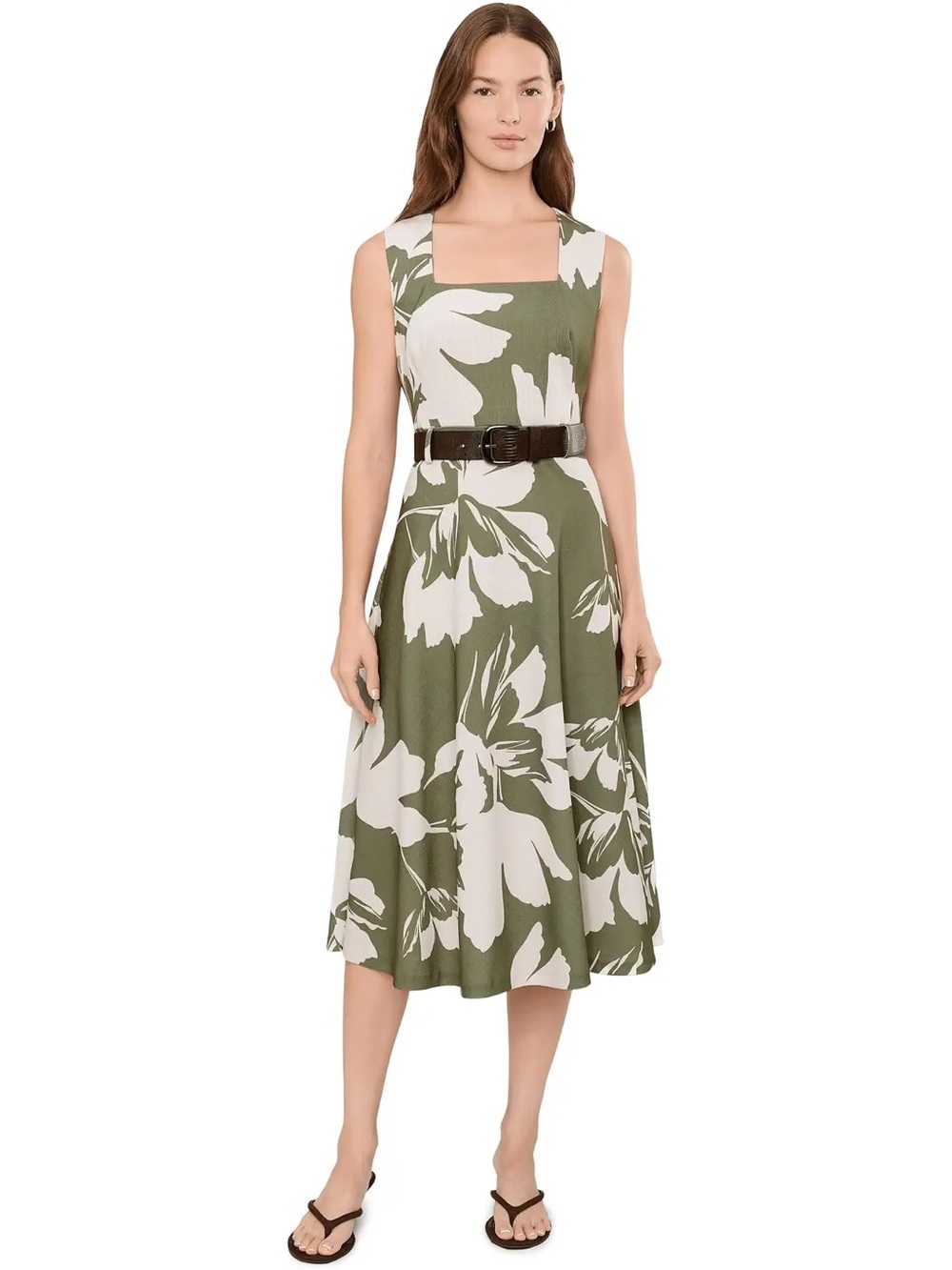 🍀🍀🍀 Calvin Klein Square Neck Floral Belted A-Line Midi size 12
